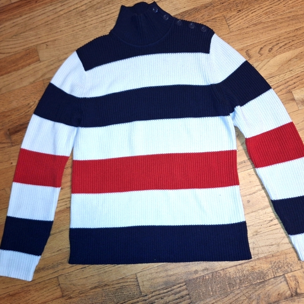 Tommy Hilfiger Mock Neck Red White Blue Stripe Sweater Women's Large Patriotic